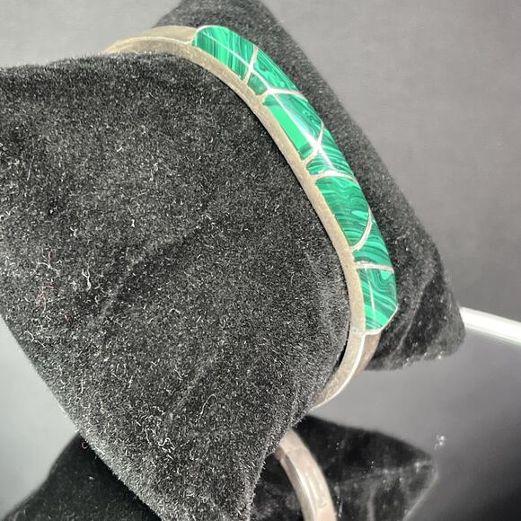 Vintage Mexico Taxco Sterling Silver Malachite Hinged Bangle Bracelet Signed 925 - Picture 3 of 14